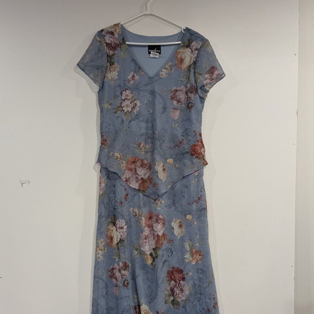 Positive Attitude Layered Floral Short Sleeve Dress Light Blue Size 12